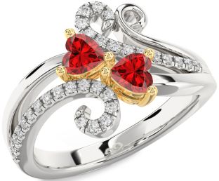 Diamond Emerald Silver & 10K gold Two Heart Birthstone Ring