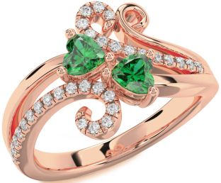 Diamond Emerald Rose Gold Two Heart Birthstone Ring