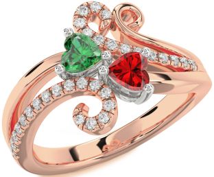 Diamond Emerald Platinum & Rose Gold Two Heart Birthstone Ring