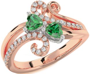 Diamond Emerald Platinum & Rose Gold Two Heart Birthstone Ring