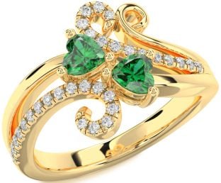 Diamond Emerald Gold Two Heart Birthstone Ring