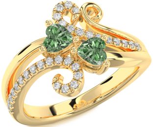 Green Diamond Gold Silver Two Heart Ring