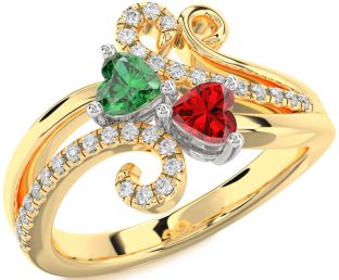 Diamond Emerald Platinum & Yellow Gold Two Heart Birthstone Ring