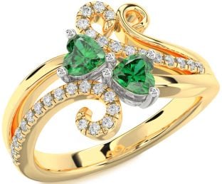 Diamond Emerald Platinum & Yellow Gold Two Heart Birthstone Ring