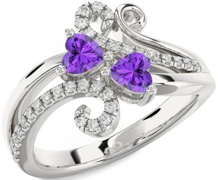 Diamond Emerald Silver Two Heart Birthstone Ring