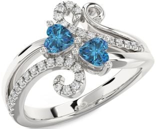 Blue Diamond Silver Two Heart Ring