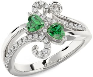 Diamond Emerald Silver Two Heart Birthstone Ring