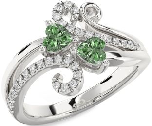 Green Diamond Silver Two Heart Ring