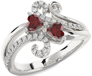 Diamond Emerald Silver Two Heart Birthstone Ring