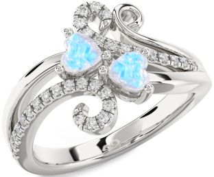 Diamond Emerald Silver Two Heart Birthstone Ring