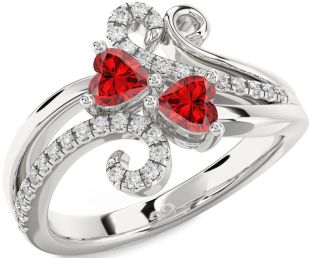 Diamond Emerald Silver Two Heart Birthstone Ring