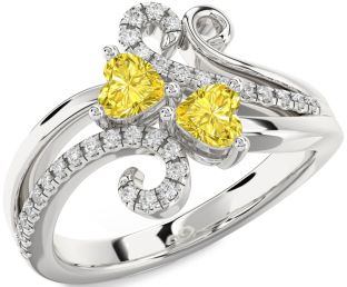 Yellow Diamond Silver Two Heart Ring