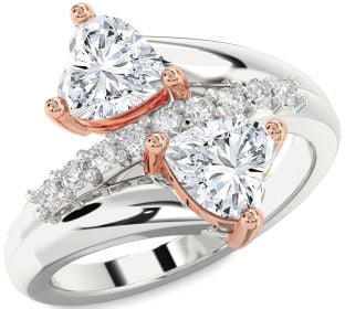 Diamond Silver & 10K Rose Gold Two Heart Ring