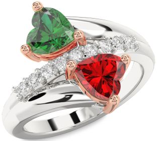 Diamond Emerald Silver & 10K Rose Gold Two Heart Birthstone Ring