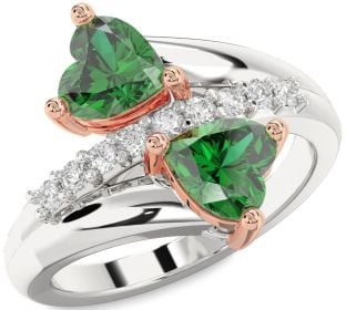 Diamond Emerald Platinum & Rose Gold Two Heart Birthstone Ring