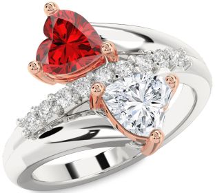 Diamond Emerald Platinum & Rose Gold Two Heart Birthstone Ring
