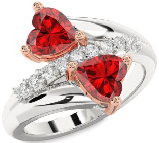 Diamond Emerald Silver & 10K Rose Gold Two Heart Birthstone Ring