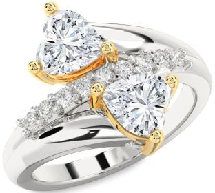 Diamond White Yellow Gold Two Heart Ring