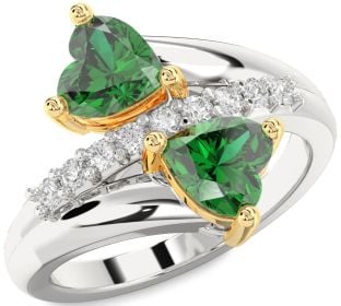 Diamond Emerald Platinum & Yellow Gold Two Heart Birthstone Ring