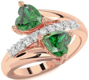 Diamond Emerald Rose Gold Two Heart Birthstone Ring