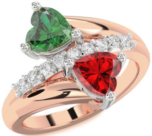 Diamond Emerald Platinum & Rose Gold Two Heart Birthstone Ring