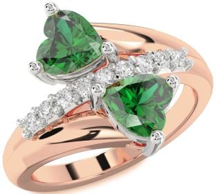 Diamond Emerald Platinum & Rose Gold Two Heart Birthstone Ring