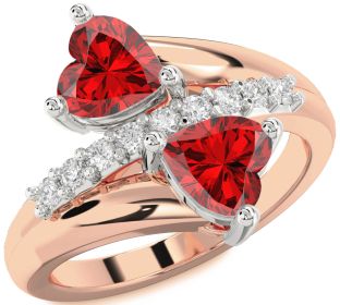 Diamond Emerald Platinum & Rose Gold Two Heart Birthstone Ring