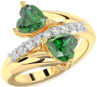 Diamond Emerald Gold Two Heart Birthstone Ring