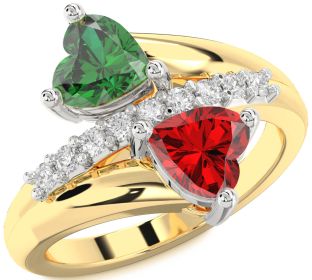 Diamond Emerald Platinum & Yellow Gold Two Heart Birthstone Ring