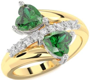 Diamond Emerald Platinum & Yellow Gold Two Heart Birthstone Ring