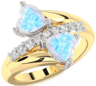 Diamond Moonstone Gold Silver Two Heart Ring