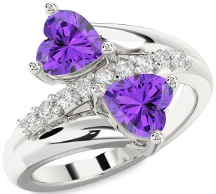 Diamond Emerald Silver Two Heart Birthstone Ring