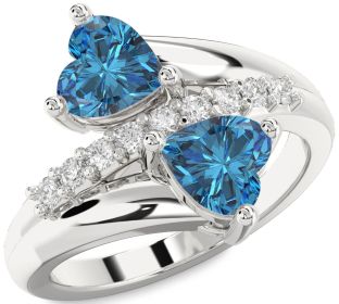 Blue Diamond Silver Two Heart Ring
