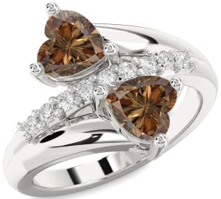 Chocolate Brown Diamond Silver Two Heart Ring