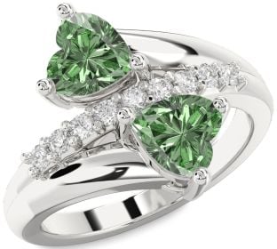 Green Diamond Silver Two Heart Ring