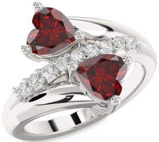 Diamond Emerald Silver Two Heart Birthstone Ring