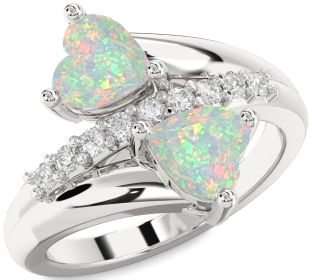 Diamond Emerald Silver Two Heart Birthstone Ring