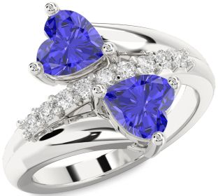 Diamond Tanzanite Silver Two Heart Ring