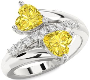 Yellow Diamond Silver Two Heart Ring