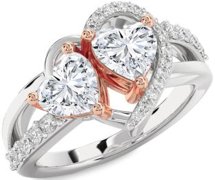 Diamond Silver & 10K Rose Gold Two Heart Ring