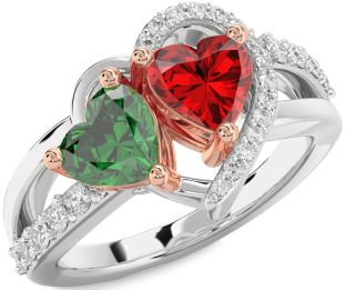 Diamond Emerald Silver & 10K Rose Gold Two Heart Birthstone Ring