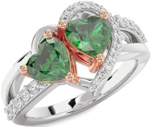 Diamond Emerald Platinum & Rose Gold Two Heart Birthstone Ring