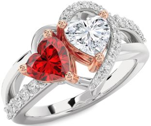Diamond Emerald Platinum & Rose Gold Two Heart Birthstone Ring