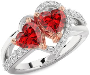 Diamond Emerald Silver & 10K Rose Gold Two Heart Birthstone Ring