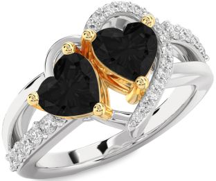 Black Diamond Gold Silver Two Heart Ring