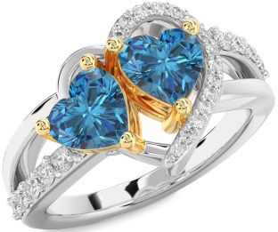 Blue Diamond Gold Silver Two Heart Ring