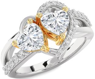 Diamond White Yellow Gold Two Heart Ring