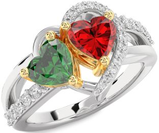 Diamond Emerald Silver & 10K gold Two Heart Birthstone Ring