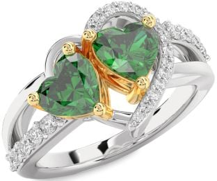 Diamond Emerald Platinum & Yellow Gold Two Heart Birthstone Ring
