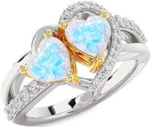 Diamond Moonstone Gold Silver Two Heart Ring